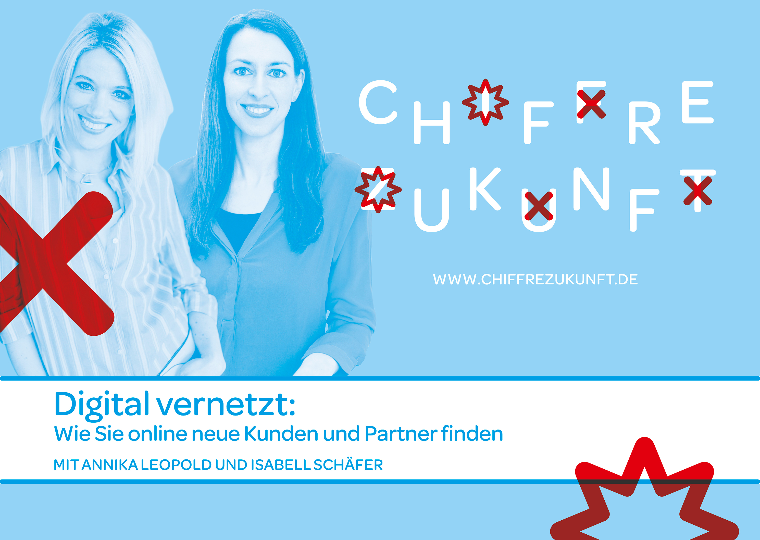 Das Bild zeigt die beiden Expertinnen Annika Leopold und Isabell Schäfer, den Titel der Veranstaltung sowie den kryptischen Schriftzug von Chiffre Zukunft.